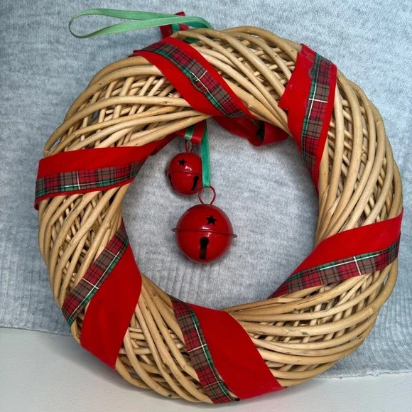 Wicker Christmas Wreath Red Green Plaid Ribbon Jingle Bells Holiday Decor - Picture 3 of 5